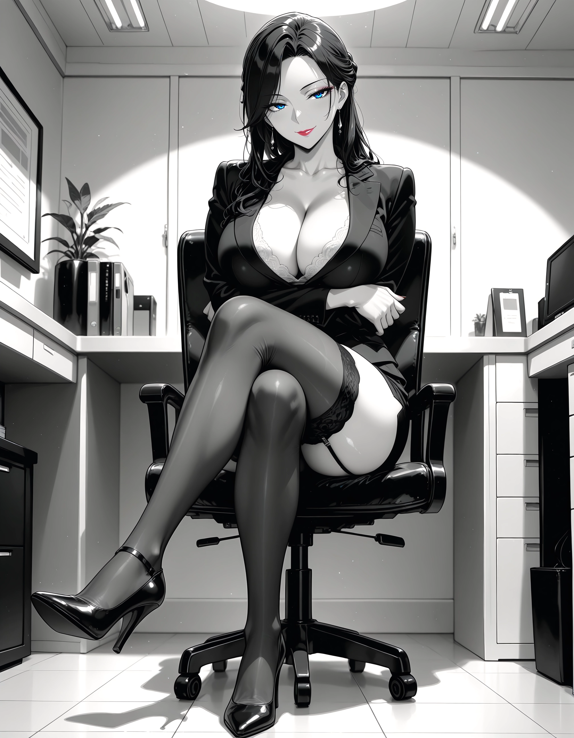 breasts, 1girl, thighhighs, high heels, sitting, blue eyes · Yamete.gg