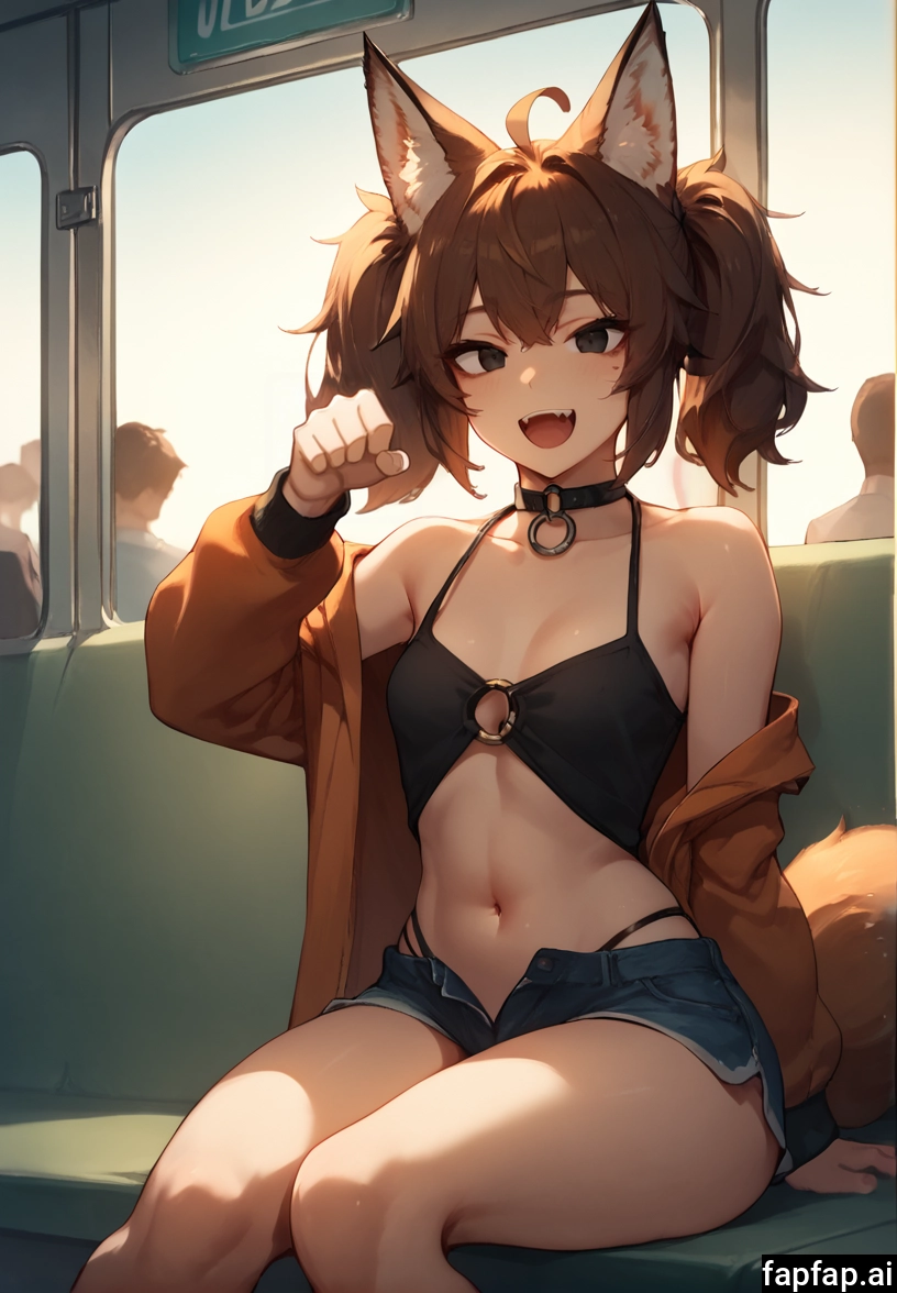 1girl, animal ears, navel, breasts, shorts, sitting · Yamete.gg