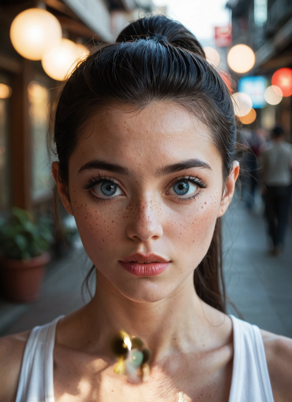 1girl, freckles, blue eyes, ponytail, realistic, lips · Yamete.gg