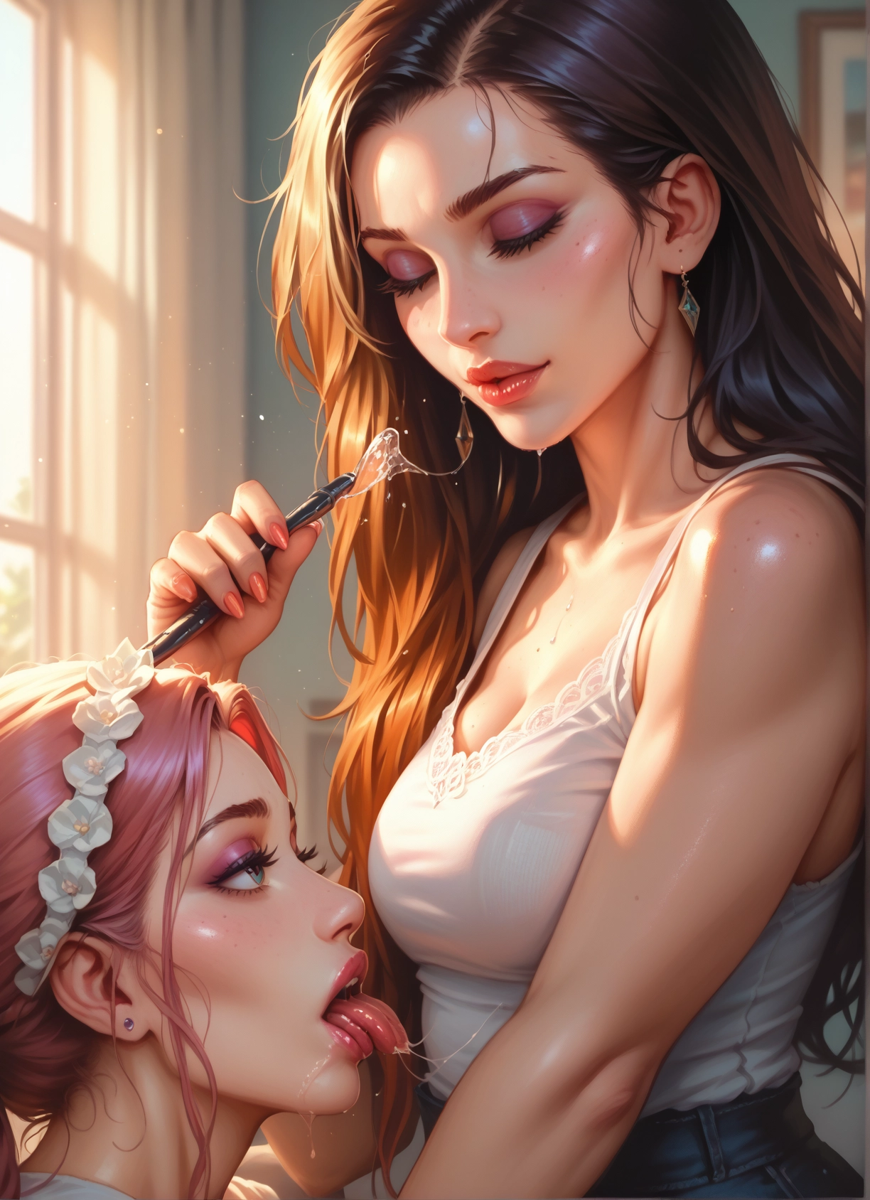 multiple girls, 2girls, yuri, saliva, jewelry, tongue · Yamete.gg