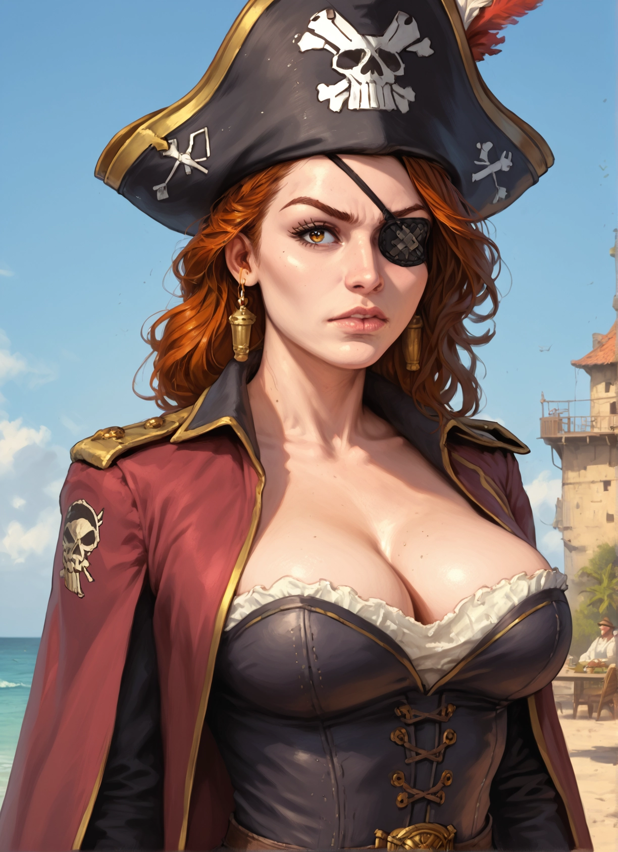 breasts, eyepatch, hat, cleavage, jewelry, earrings