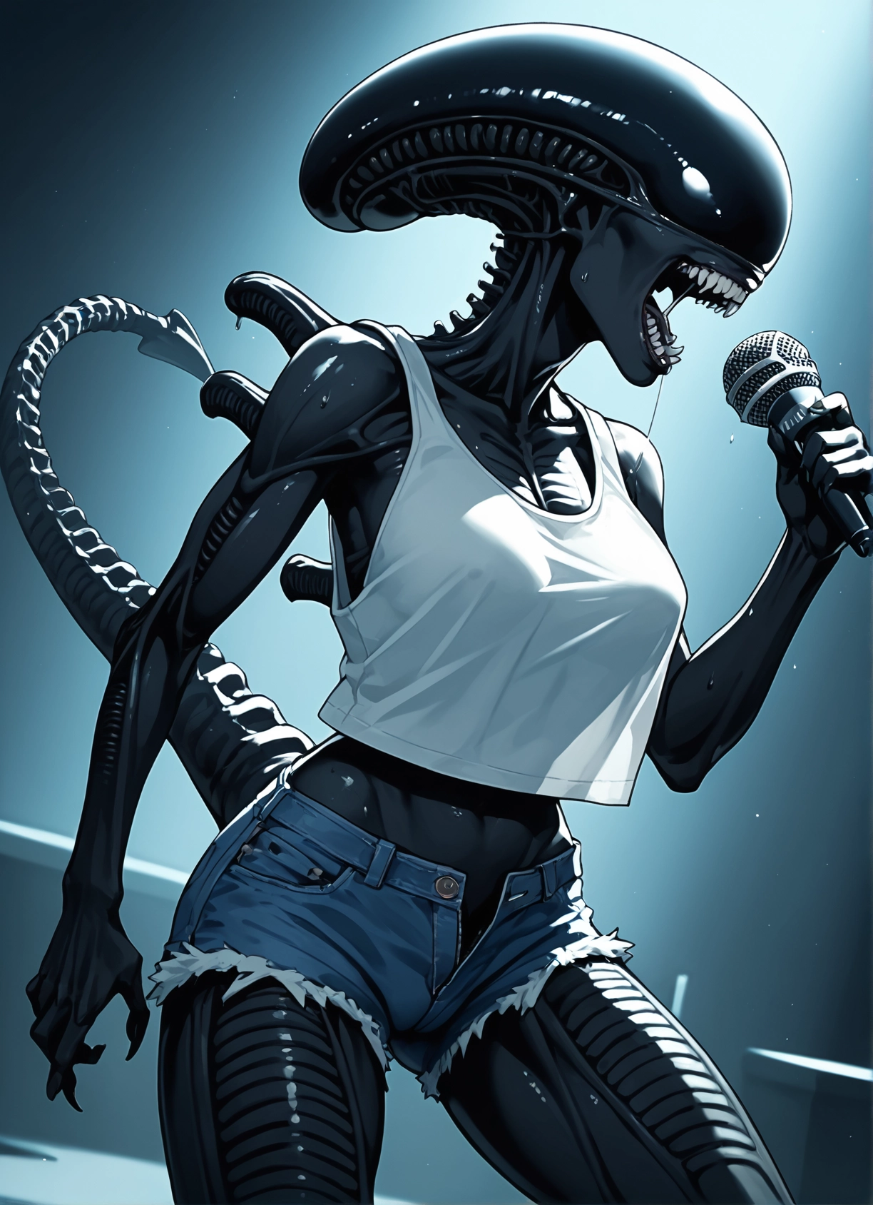 1girl, shorts, microphone, tail, solo, sweat · Yamete.gg