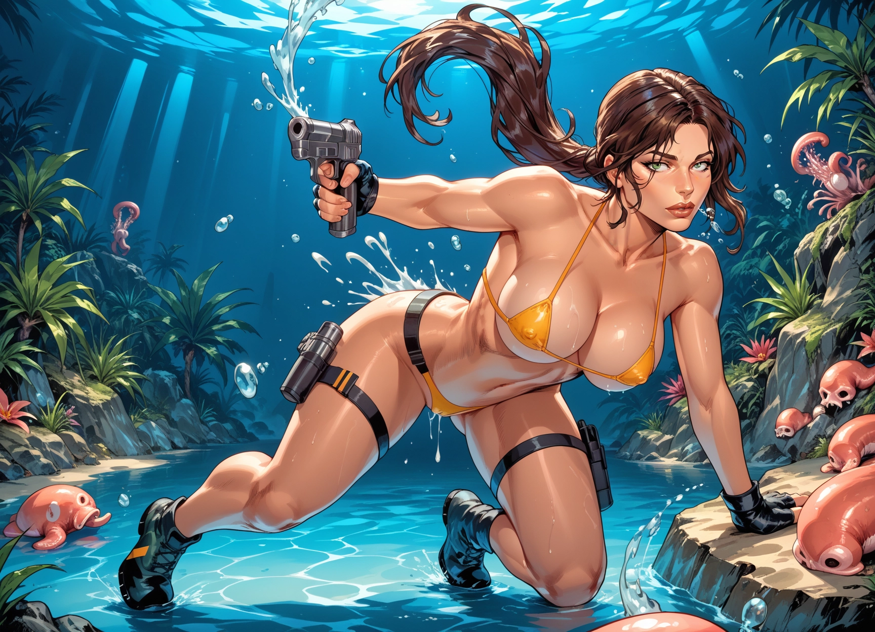 1girl, swimsuit, breasts, bikini, weapon, gun · Yamete.gg