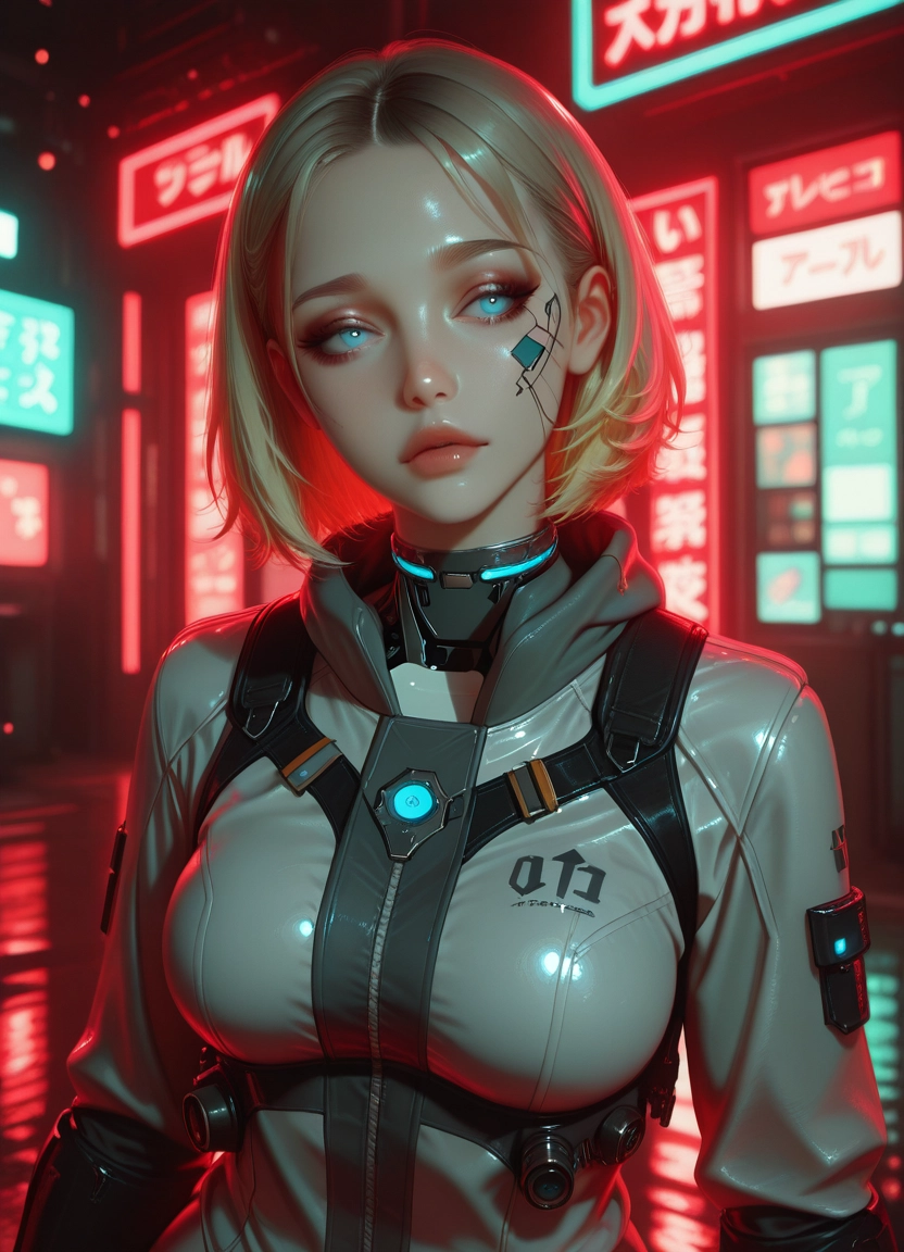 1girl, cyberpunk, solo, breasts, cyborg, blue eyes
