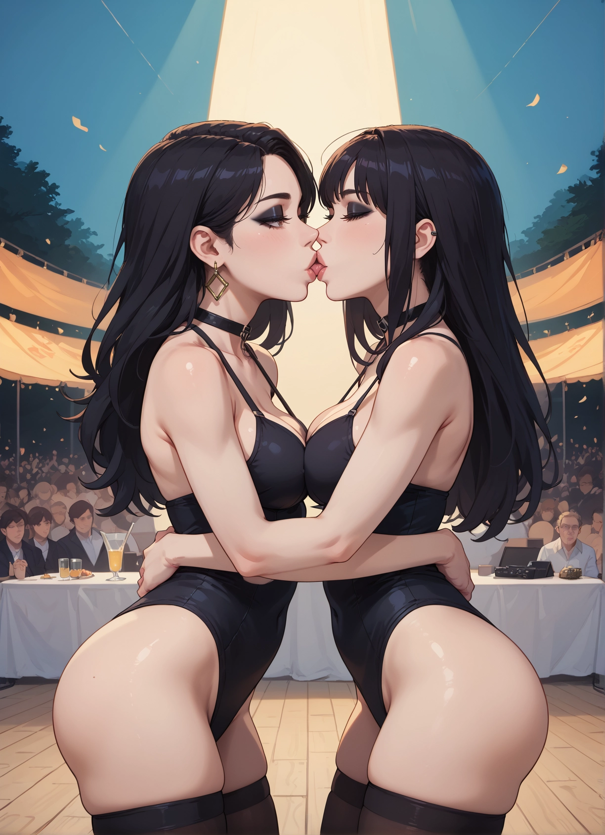 multiple girls, 2girls, breasts, thighhighs, black hair, jewelry · Yamete.gg