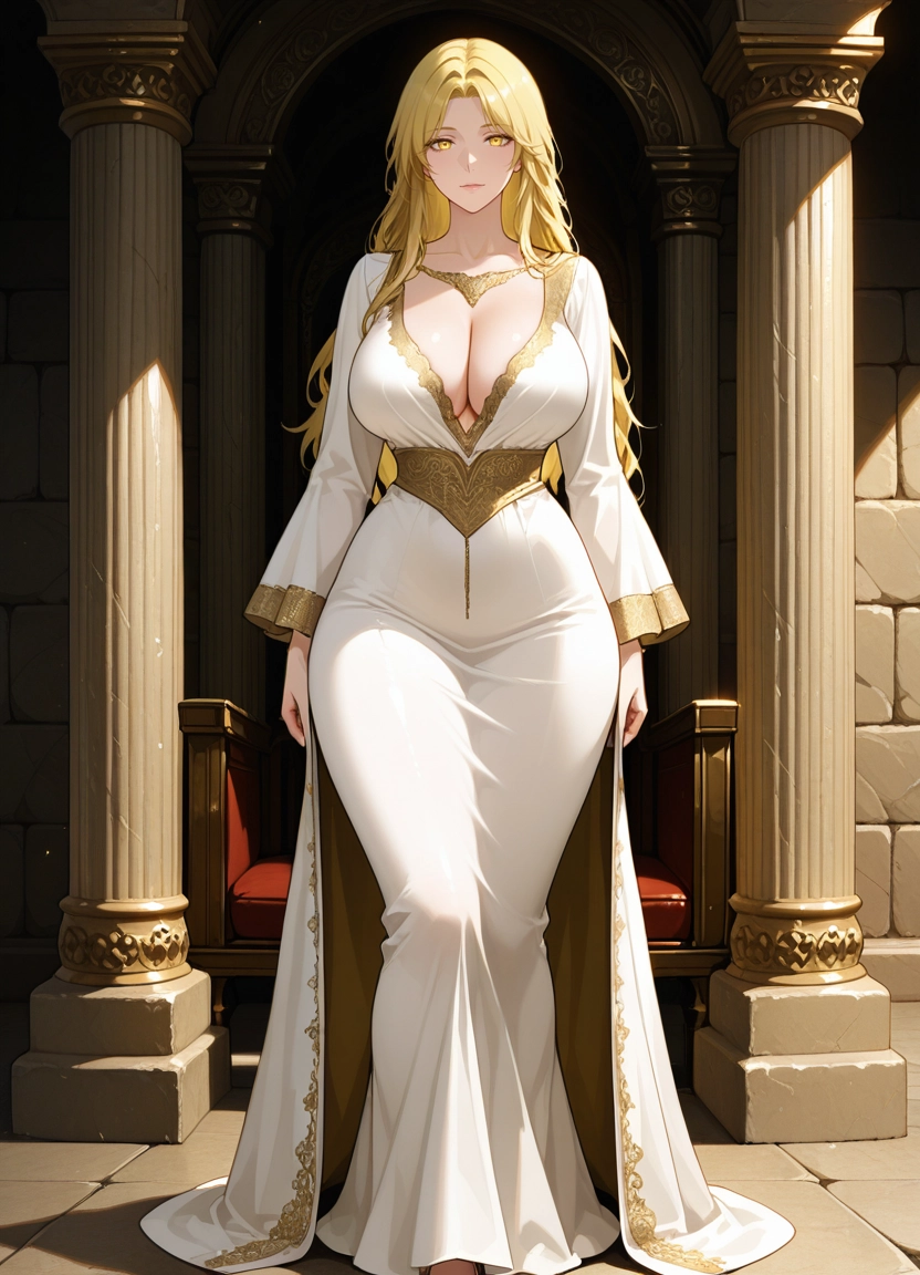 1girl, breasts, blonde hair, dress, solo, yellow eyes · Yamete.gg