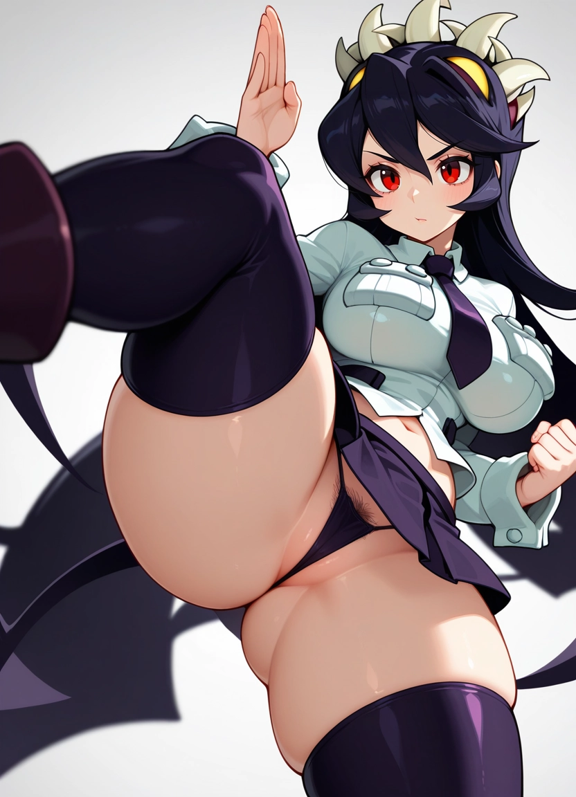 filia (skullgirls), 1girl, breasts, red eyes, thighhighs, solo · Yamete.gg