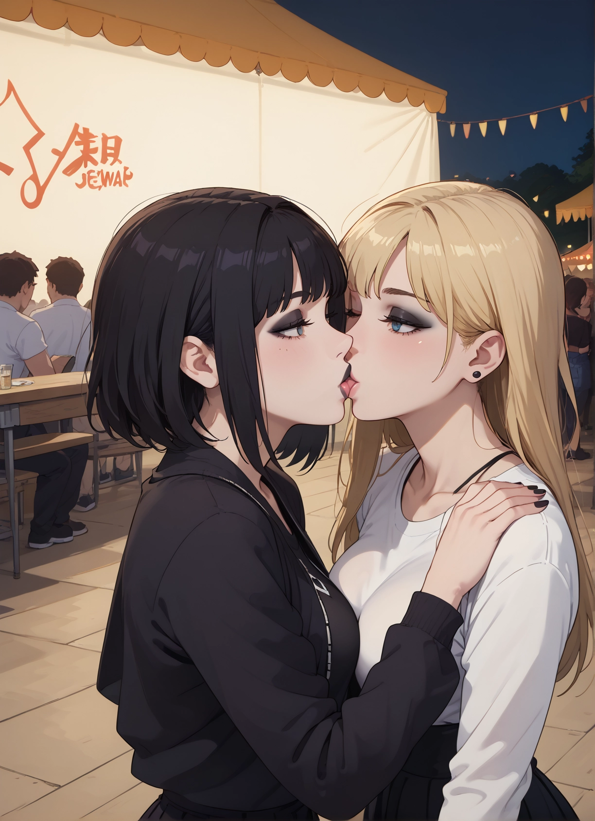 multiple girls, 2girls, black hair, kiss, yuri, blonde hair · Yamete.gg
