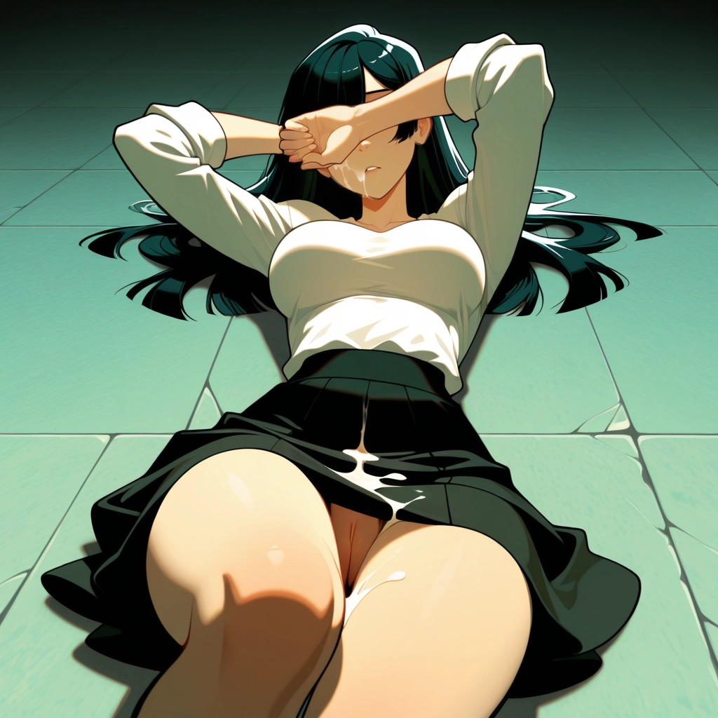 1girl, solo, skirt, long hair, on back, black hair · Yamete.gg