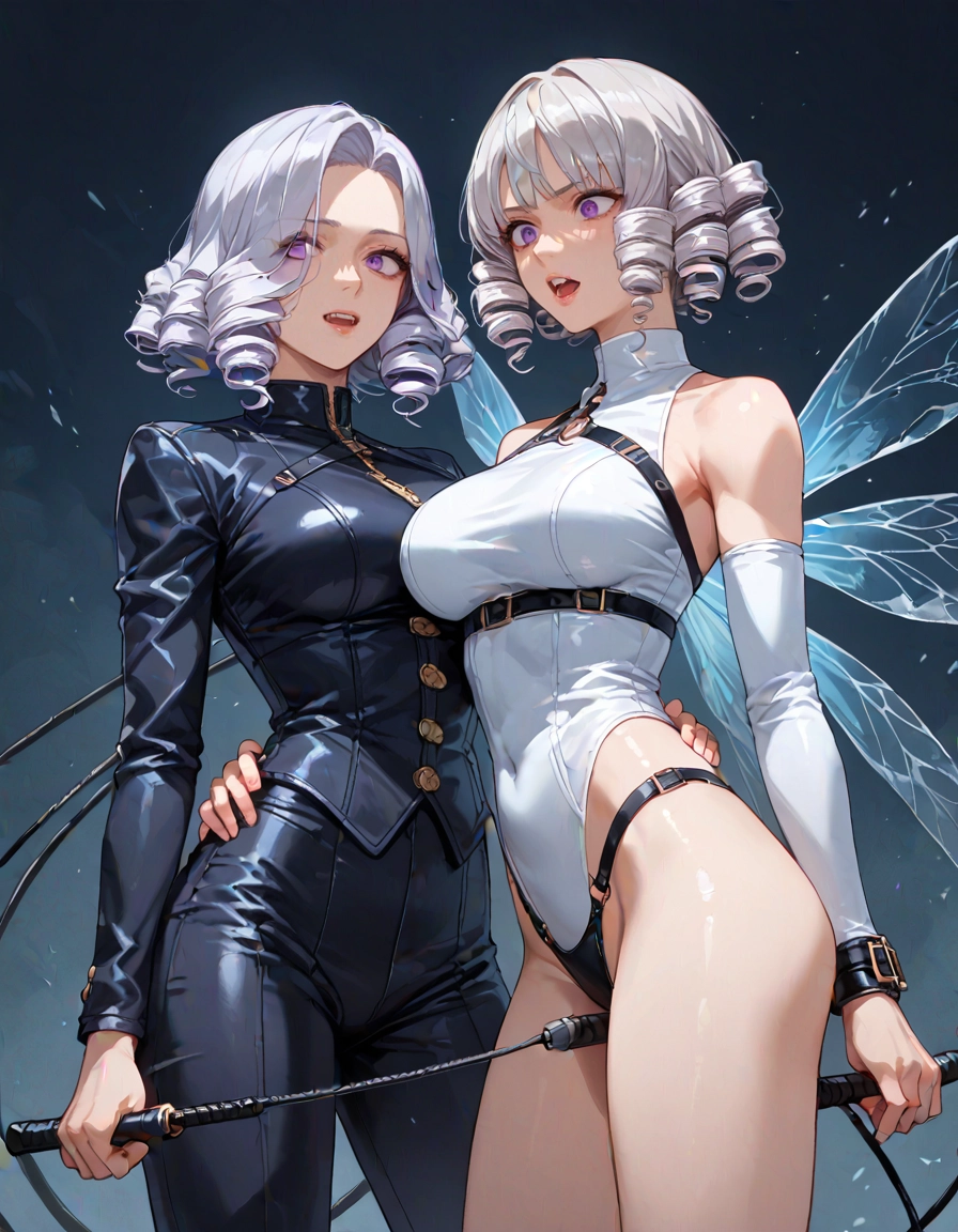 multiple girls, 2girls, breasts, drill hair, purple eyes, white leotard · Yamete.gg
