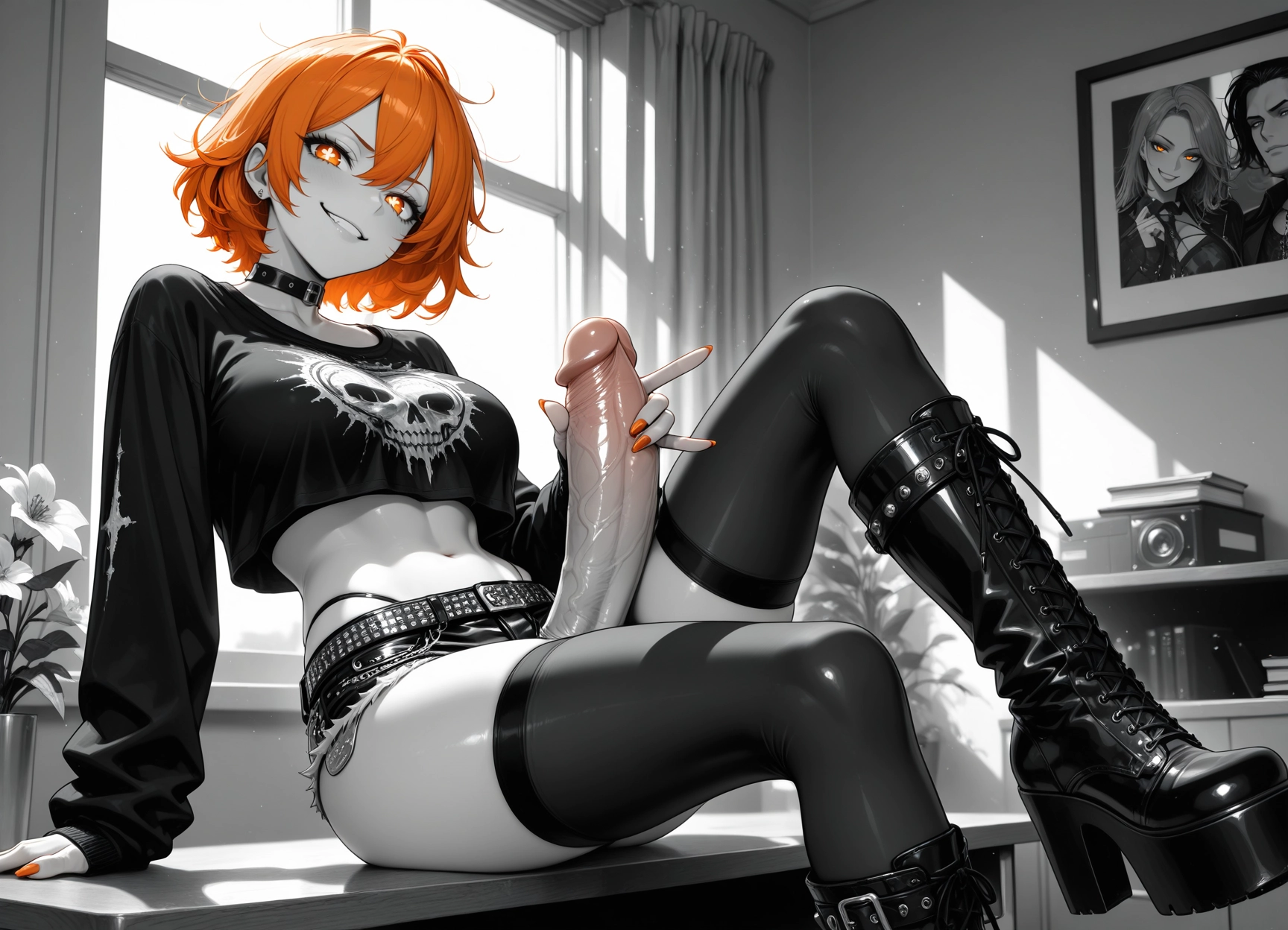 futanari, orange hair, crop top, thighhighs, penis, spot color · Yamete.gg