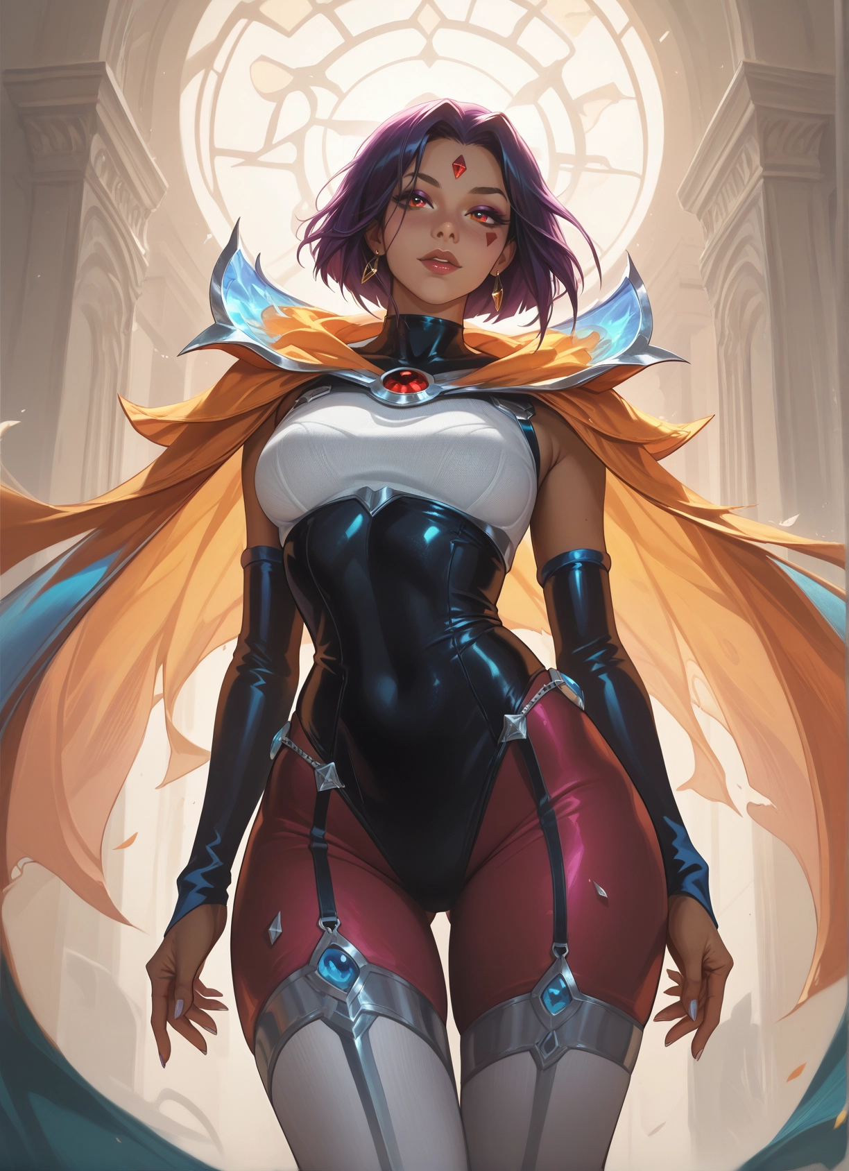 1girl, solo, jewelry, earrings, cape, dark skin · Yamete.gg