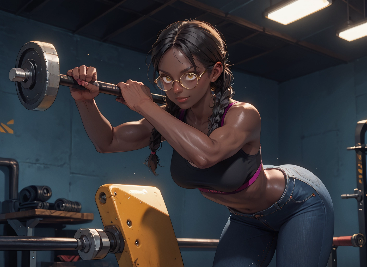 1girl, braid, pants, glasses, solo, dark-skinned female · Yamete.gg