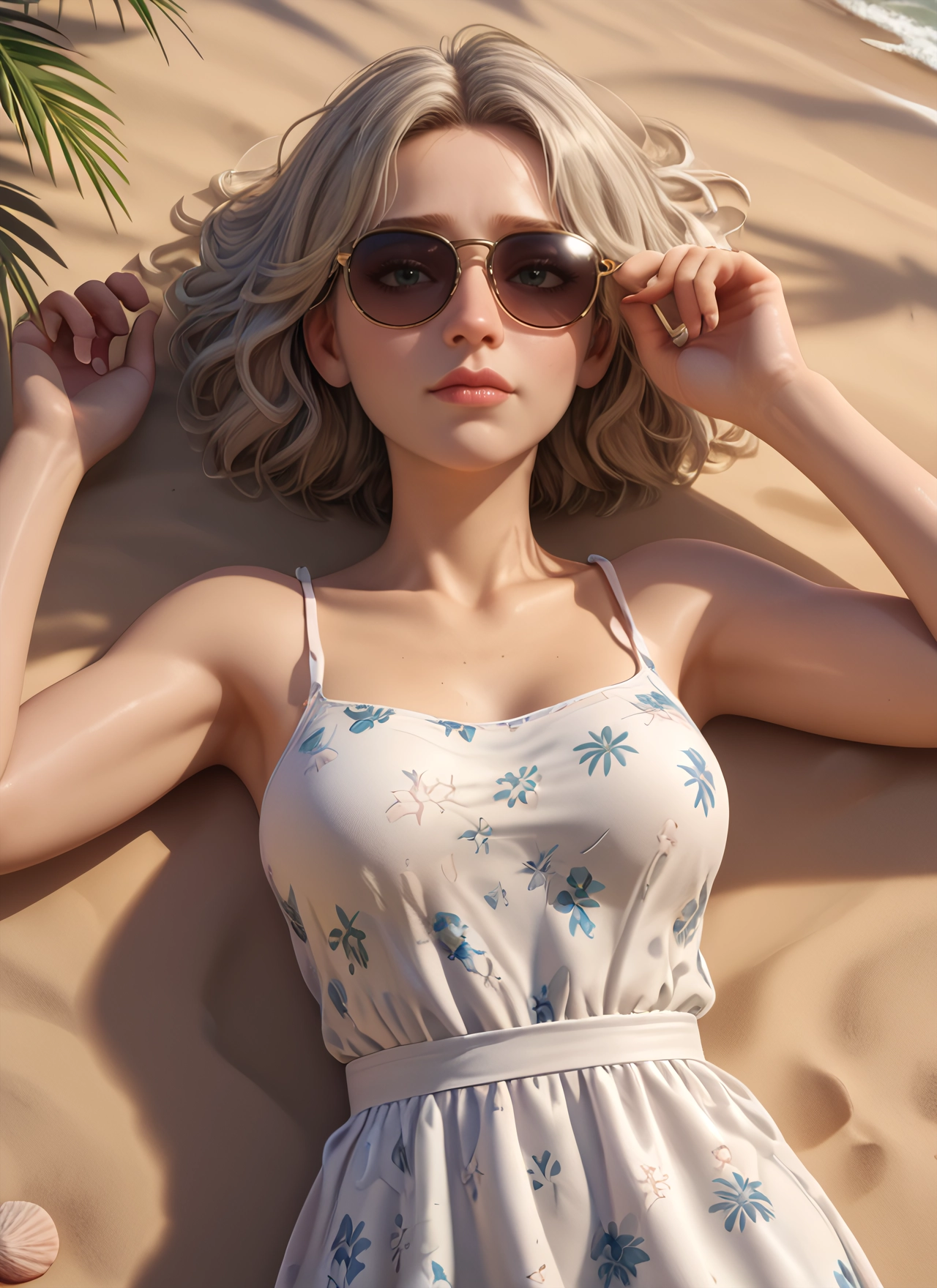 1girl, solo, dress, sunglasses, lying, on back
