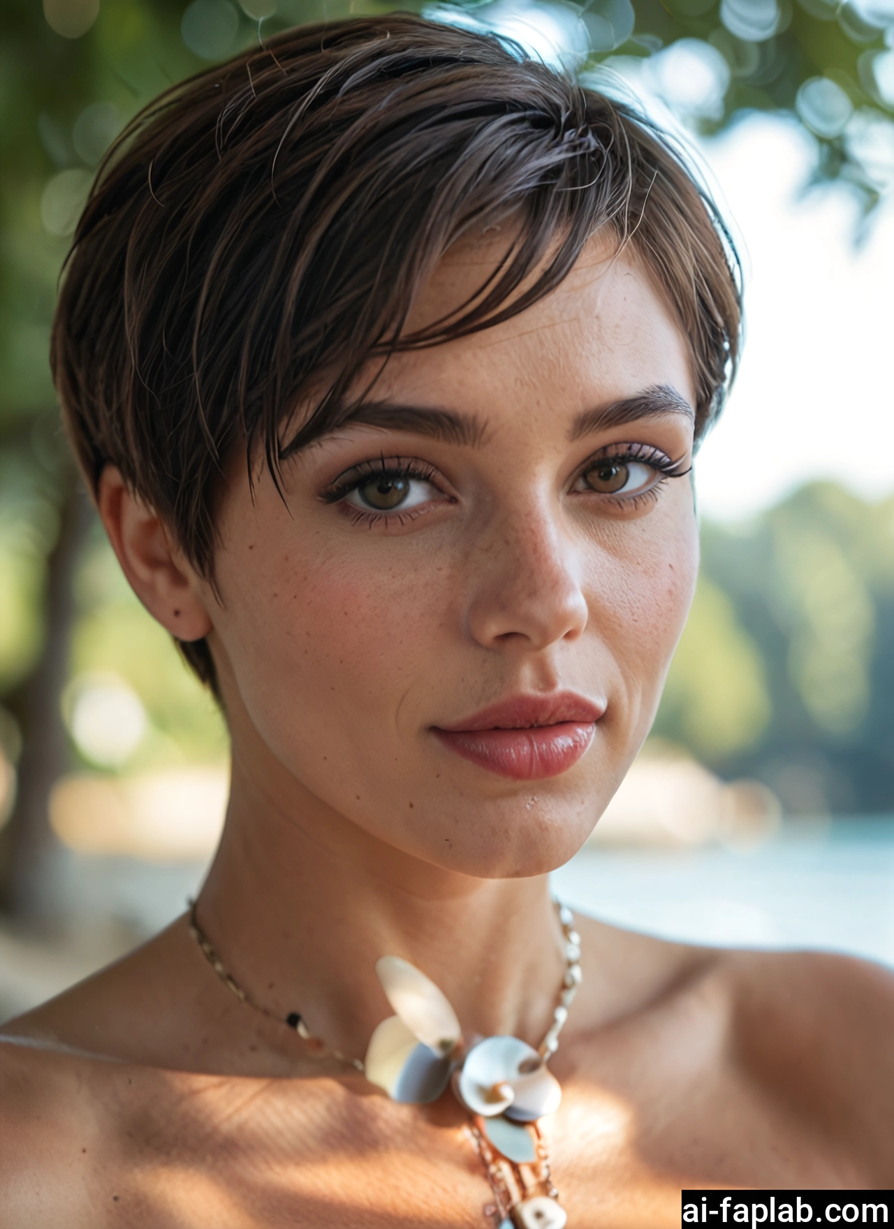1girl, solo, jewelry, short hair, brown eyes, necklace