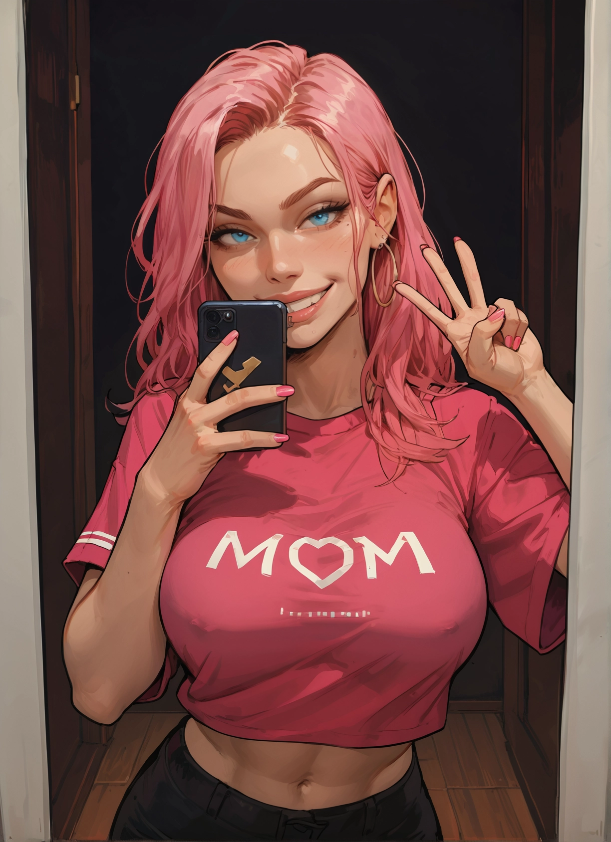 1girl, pink hair, phone, jewelry, breasts, blue eyes · Yamete.gg