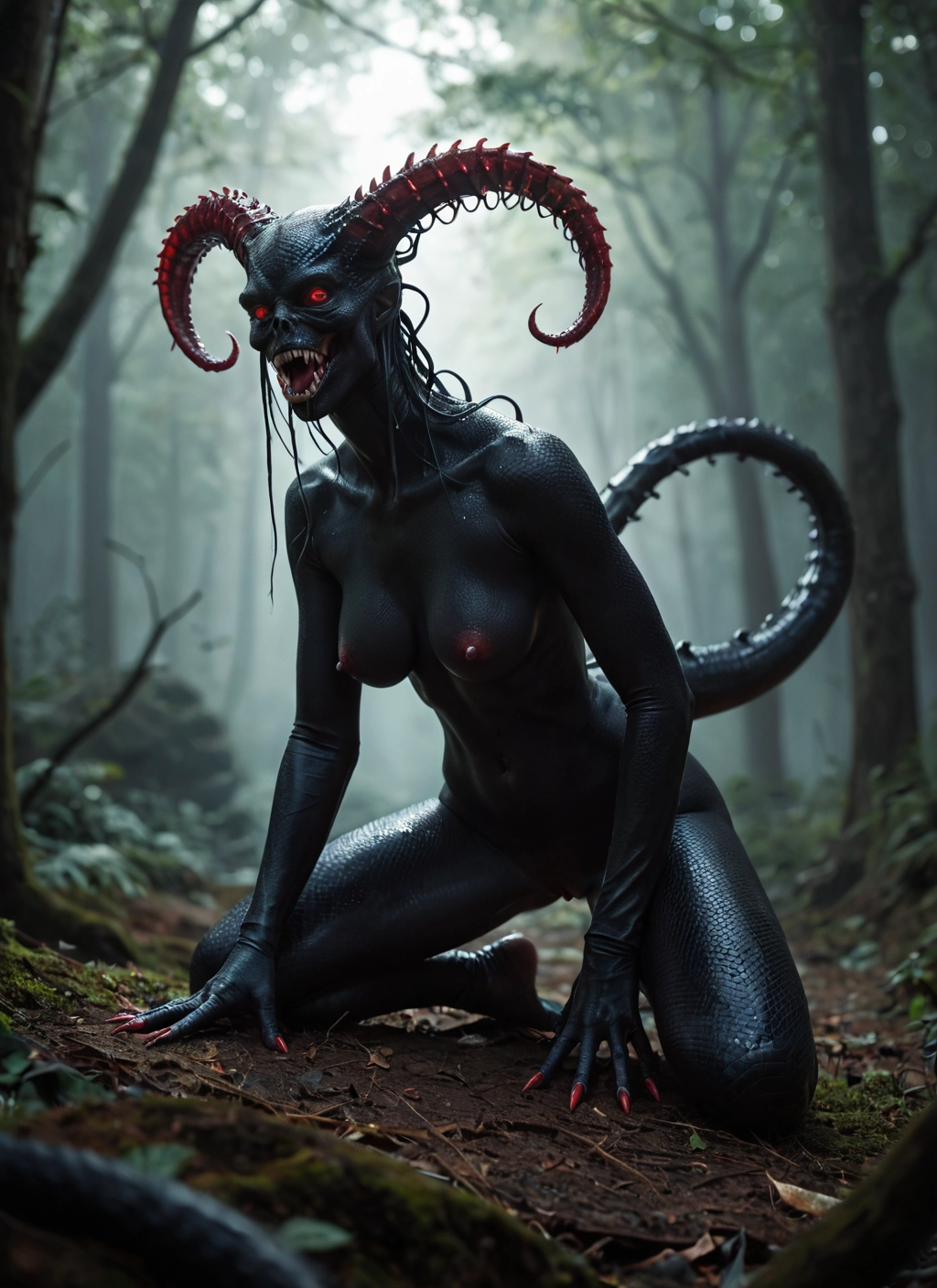 1girl, breasts, nipples, solo, tail, nature · Yamete.gg