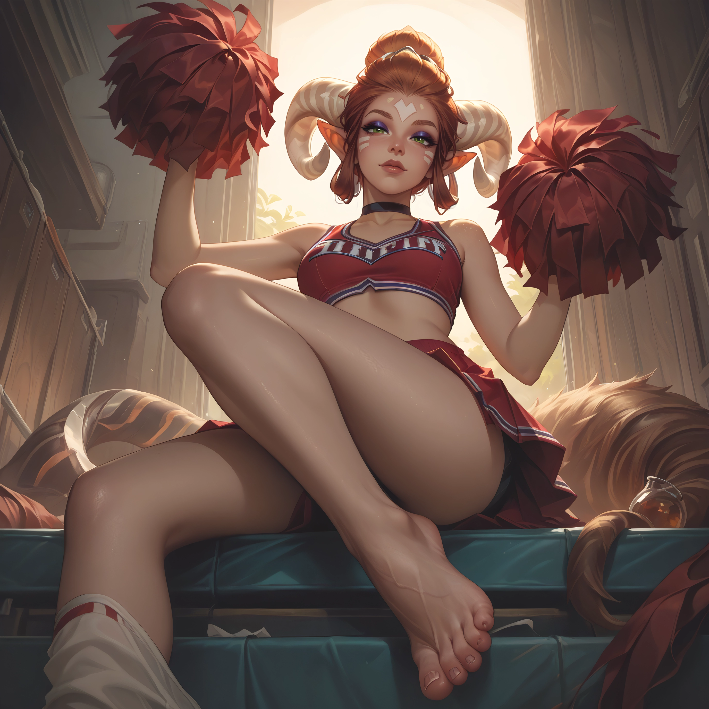 1girl, cheerleader, pom pom (cheerleading), horns, solo, feet · Yamete.gg