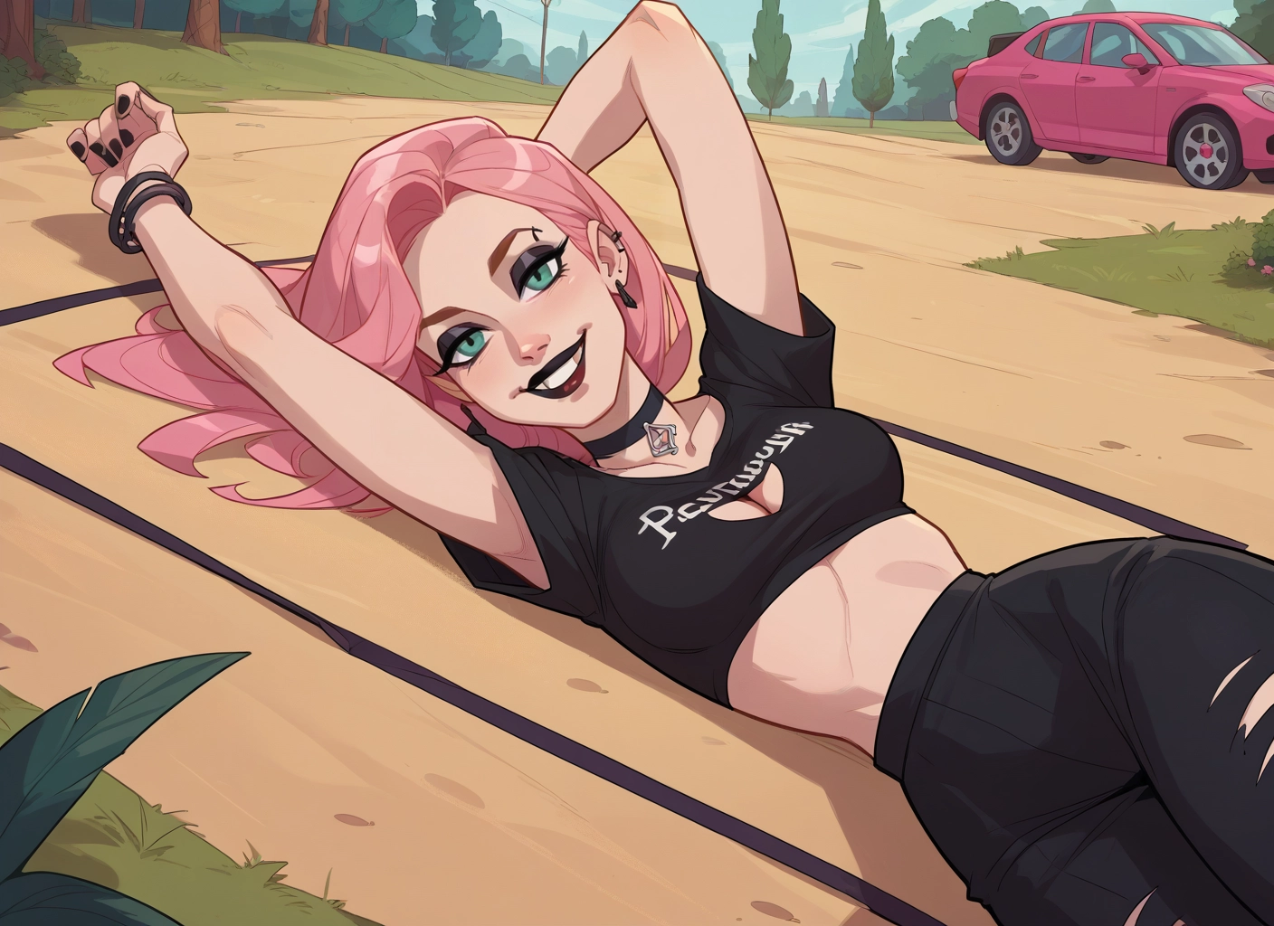 1girl, pink hair, breasts, choker, lying, jewelry · Yamete.gg