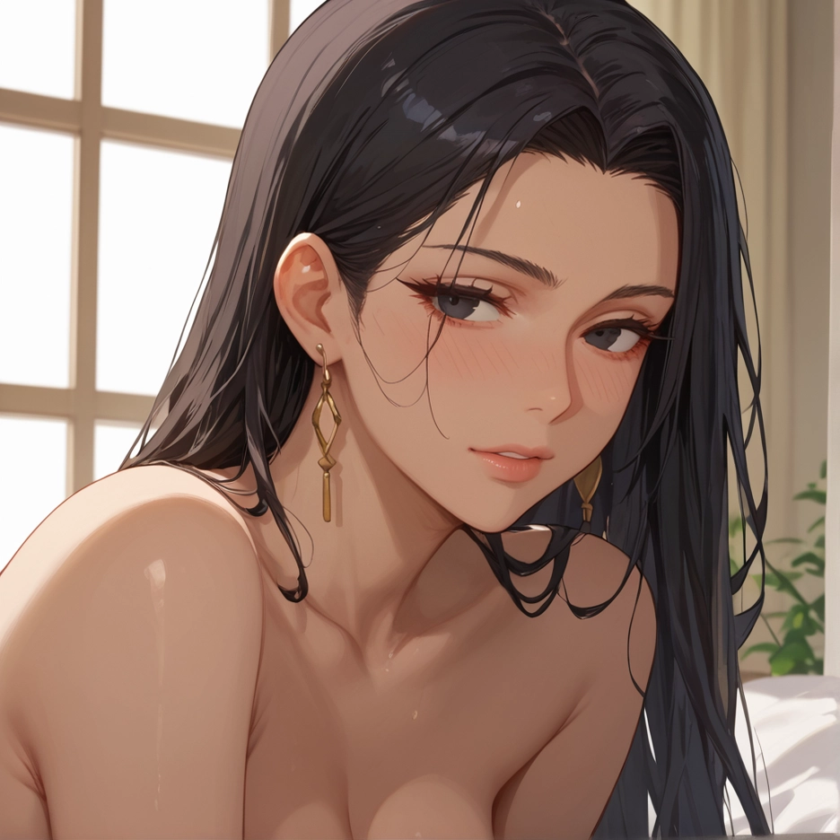 1girl, black hair, long hair, earrings, jewelry, solo · Yamete.gg