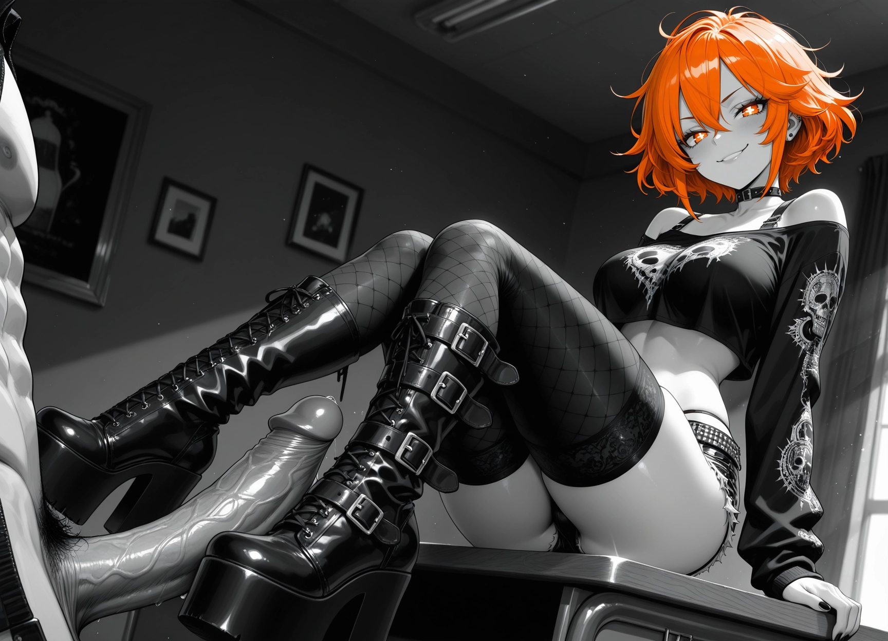 1girl, orange hair, thighhighs, 1boy, hetero, boots · Yamete.gg