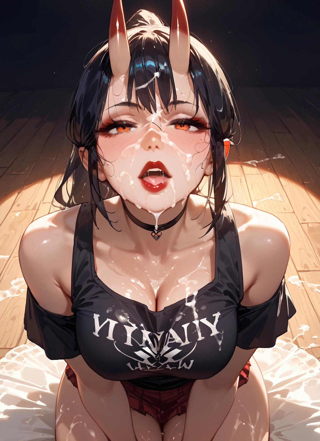 1girl, breasts, horns, cum, facial, choker · Yamete.gg