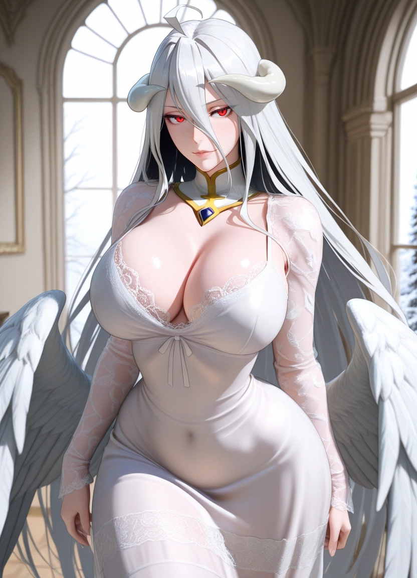 1girl, breasts, solo, horns, wings, dress · Yamete.gg