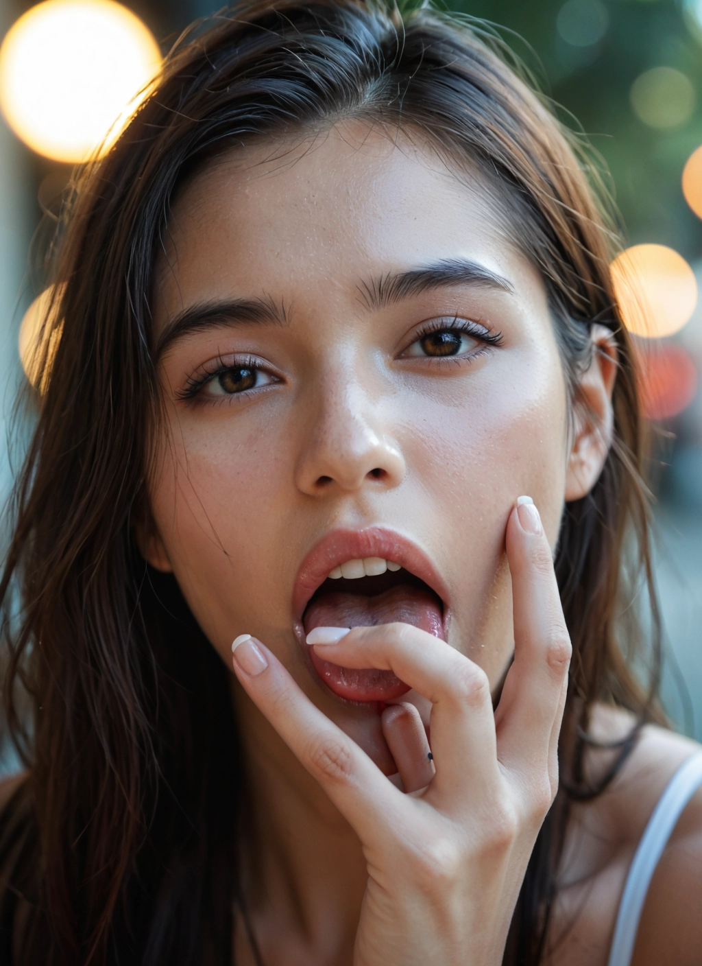 1girl, solo, open mouth, looking at viewer, brown eyes, tongue · Yamete.gg