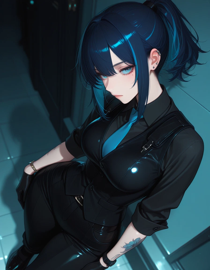 1girl, solo, gloves, necktie, blue hair, breasts · Yamete.gg