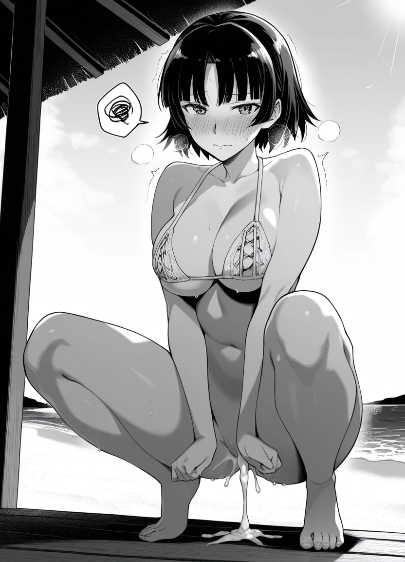 1girl, breasts, solo, squatting, swimsuit, greyscale · Yamete.gg