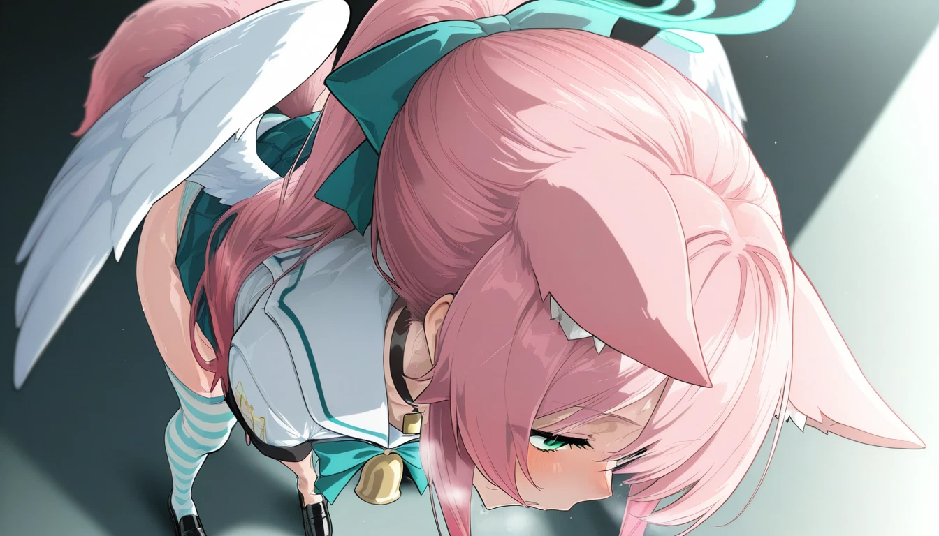 1girl, animal ears, pink hair, solo, halo, wings