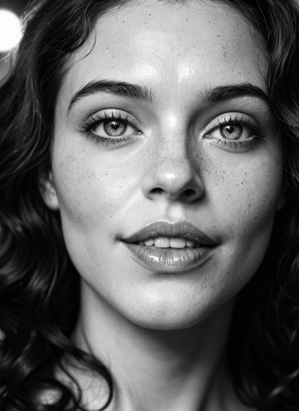 monochrome, greyscale, 1girl, solo, freckles, realistic · Yamete.gg