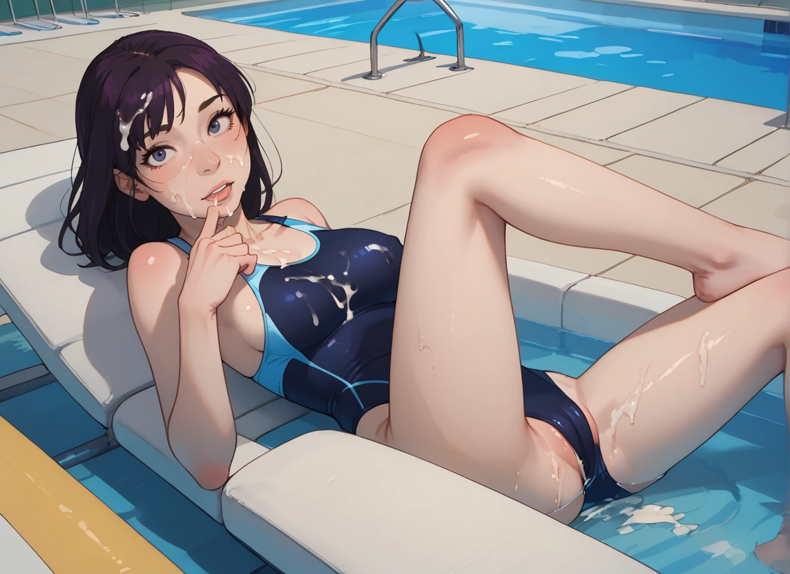 1girl, swimsuit, cum, solo, one-piece swimsuit, breasts · Yamete.gg