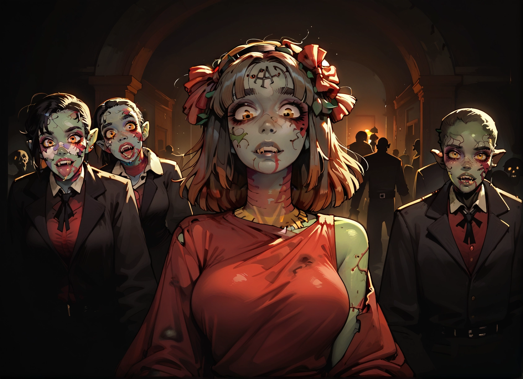 multiple girls, breasts, pointy ears, colored skin, green skin, red shirt · Yamete.gg