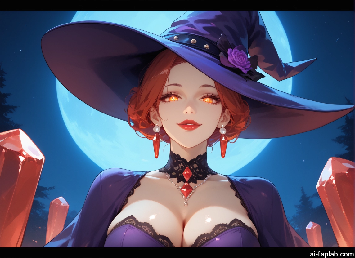 1girl, breasts, hat, witch hat, jewelry, moon · Yamete.gg