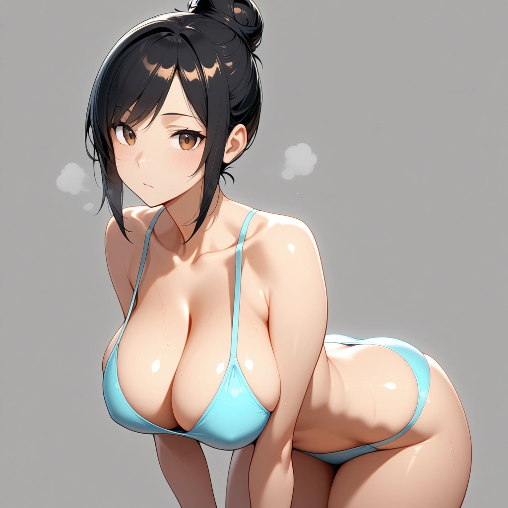 1girl, breasts, solo, black hair, cleavage, swimsuit