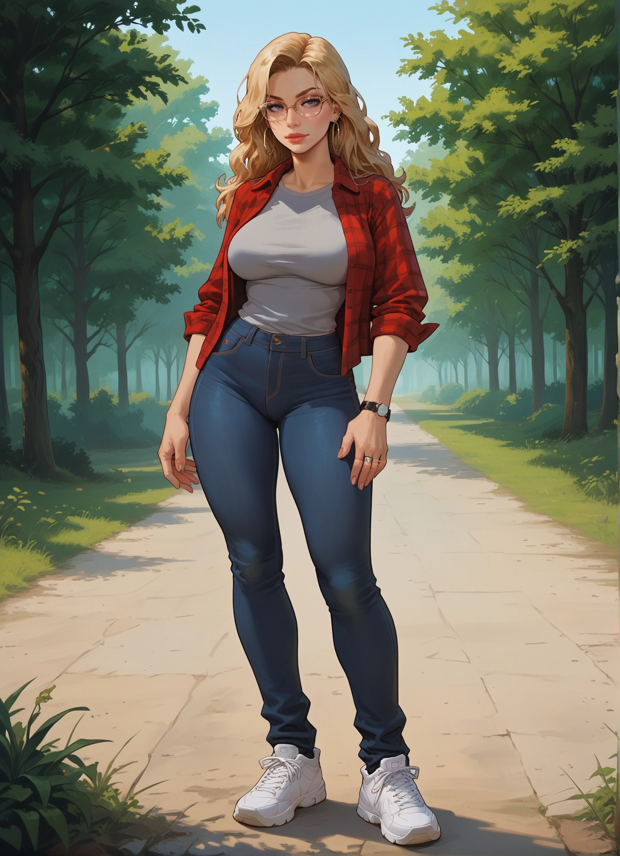 1girl, blonde hair, pants, jewelry, breasts, solo · Yamete.gg