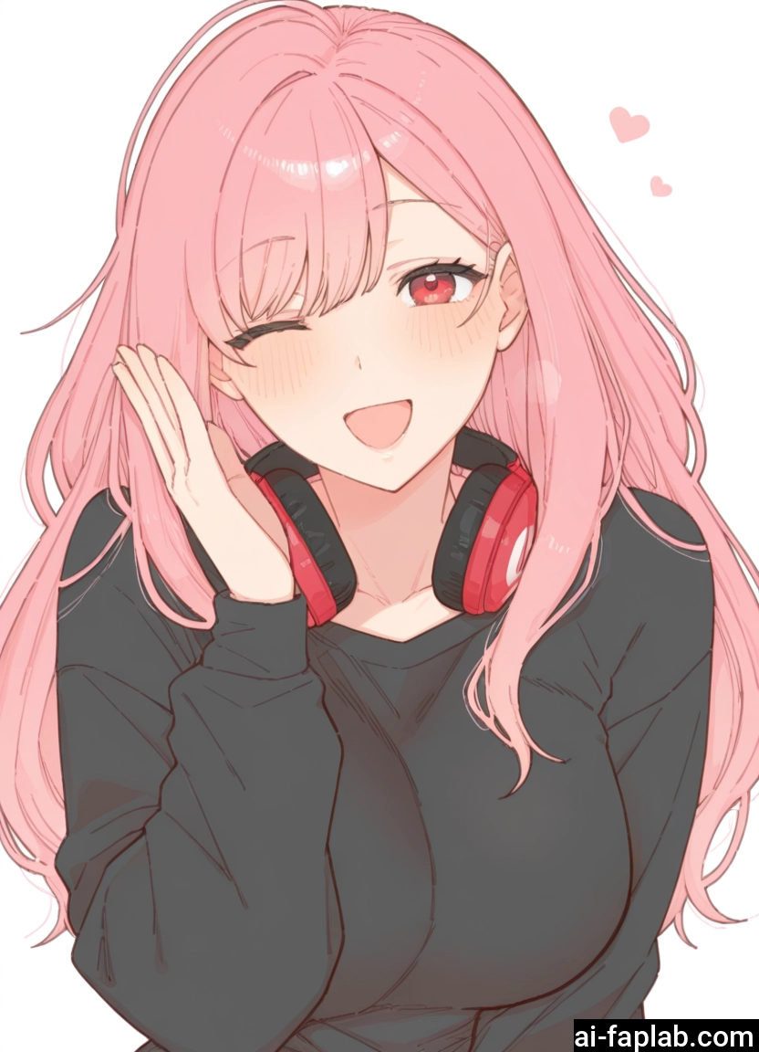 1girl, pink hair, one eye closed, headphones, solo, open mouth