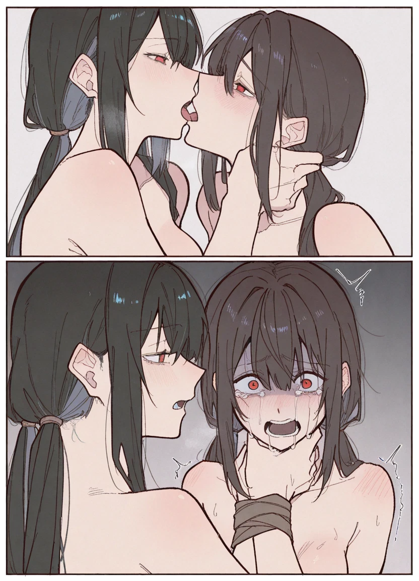 red eyes, multiple girls, tongue, 2girls, yuri, kiss