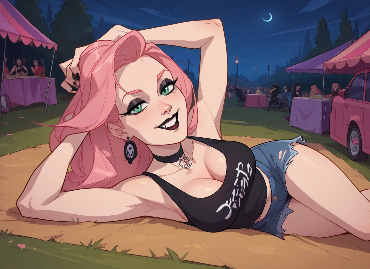 breasts, shorts, pink hair, cleavage, jewelry, choker · Yamete.gg
