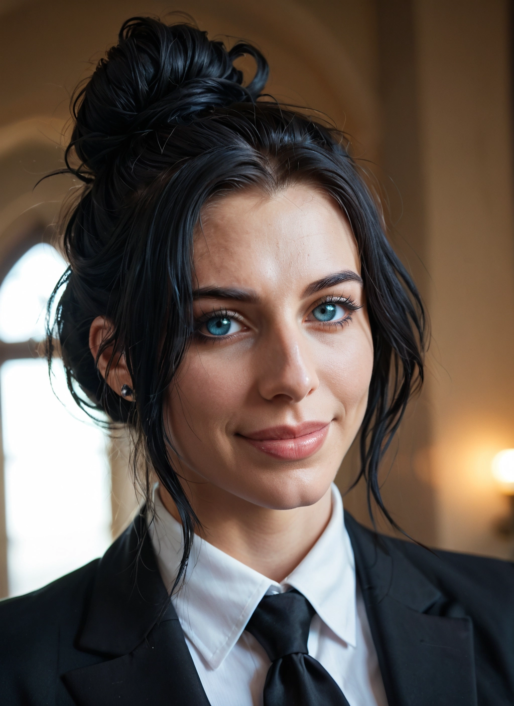 1girl, solo, black hair, necktie, blue eyes, looking at viewer · Yamete.gg
