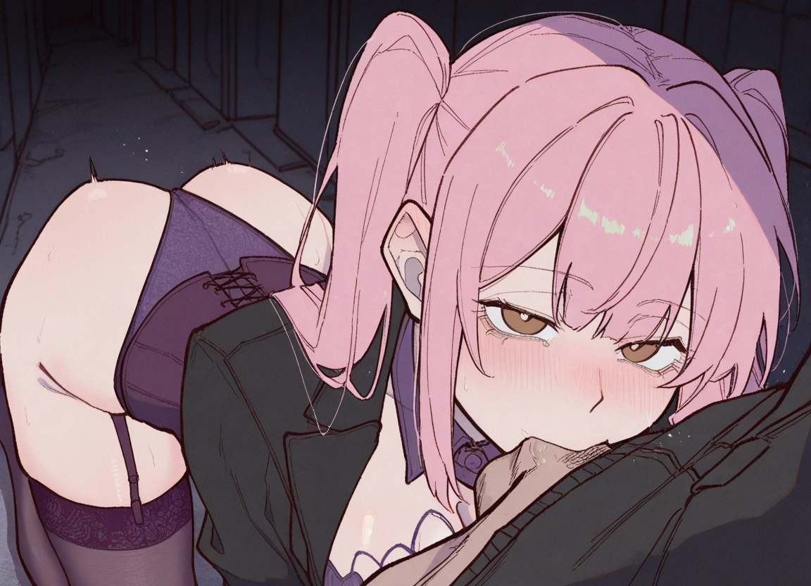 1girl, pink hair, hetero, 1boy, oral, thighhighs · Yamete.gg