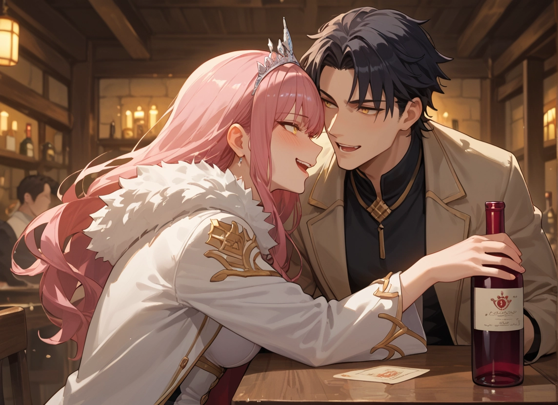 1girl, pink hair, yellow eyes, jewelry, long hair, bottle · Yamete.gg