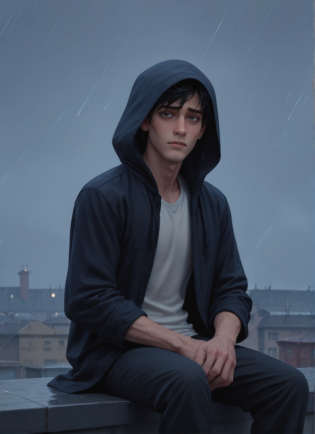 1boy, male focus, hood, rain, solo, black hair · Yamete.gg
