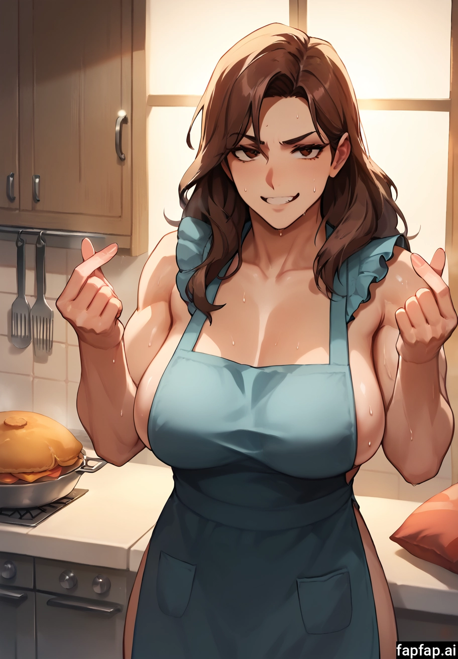 1girl, breasts, naked apron, apron, brown hair, kitchen · Yamete.gg