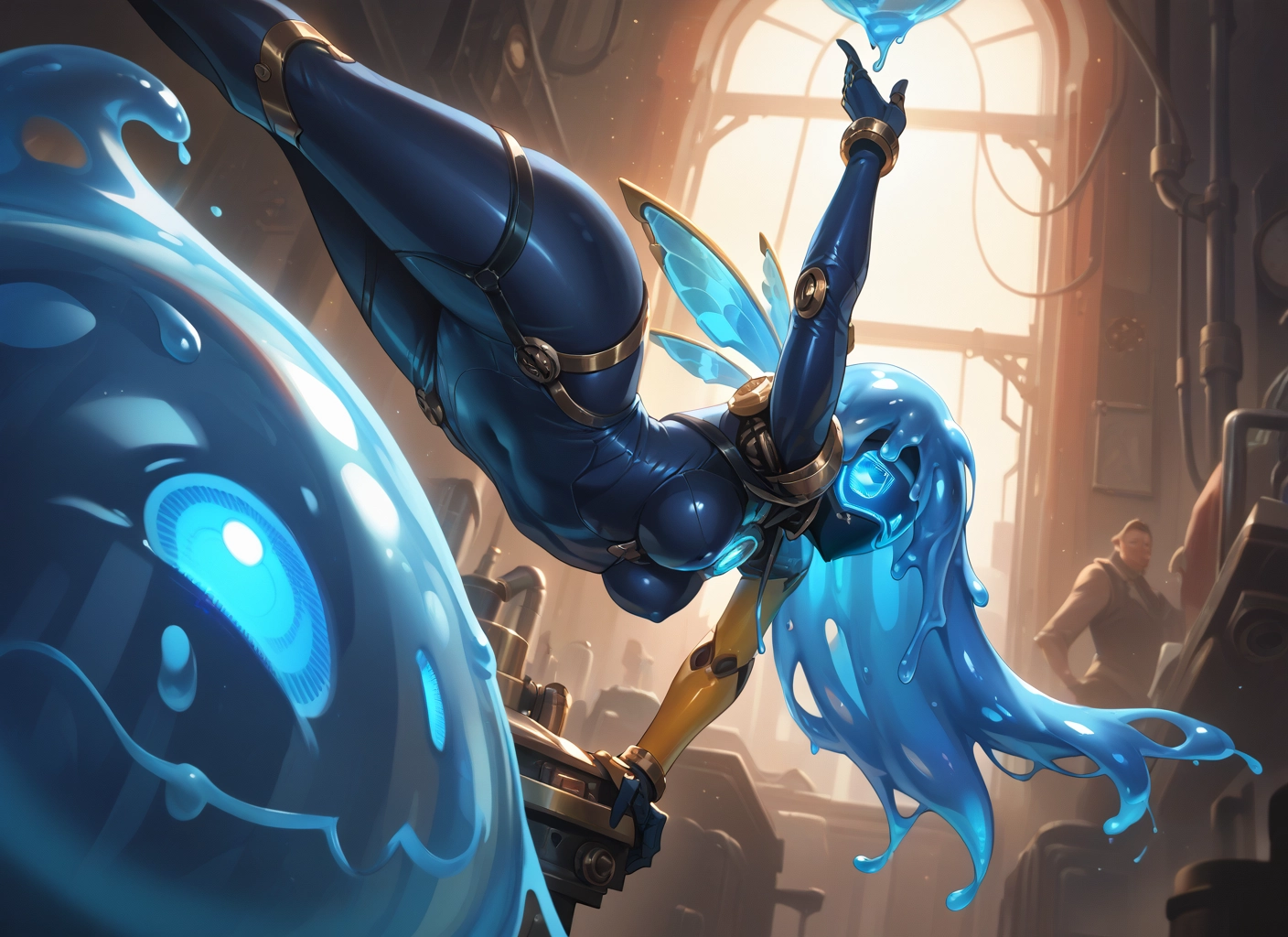 breasts, blue skin, blue hair, 1girl, slime girl, long hair · Yamete.gg