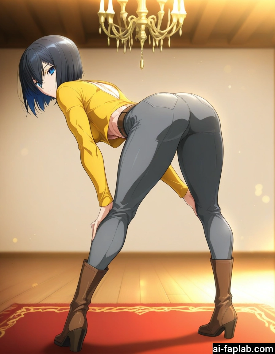 1girl, ass, blue eyes, solo, pants, black hair