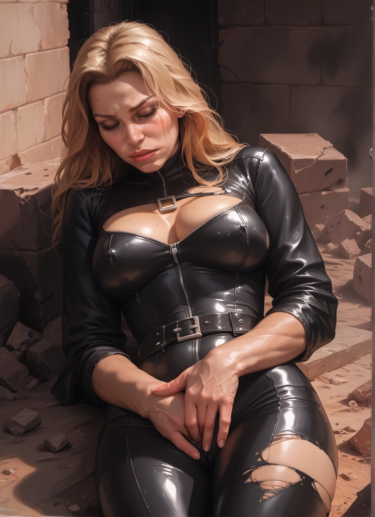 1girl, breasts, solo, blonde hair, torn clothes, bodysuit · Yamete.gg