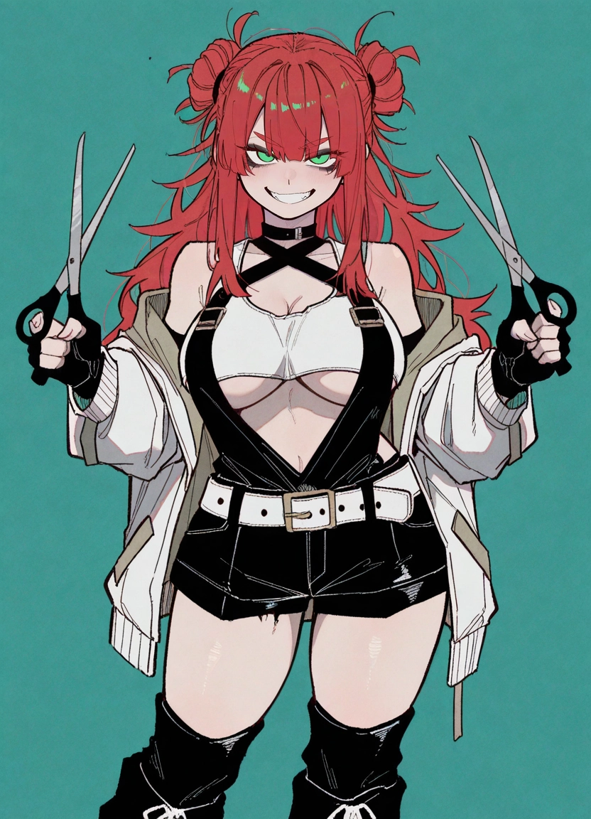 1girl, breasts, scissors, solo, green eyes, gloves · Yamete.gg