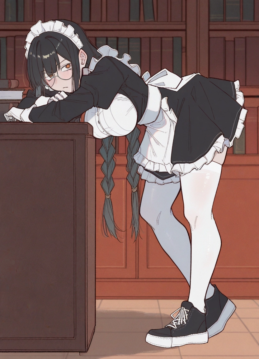1girl, thighhighs, maid, maid headdress, braid, breasts · Yamete.gg